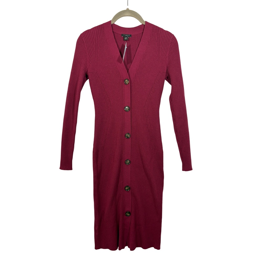 Ann Taylor Ribbed Knit Midi Dress XXS Petite Burgundy Button V-Neck Long Sleeve